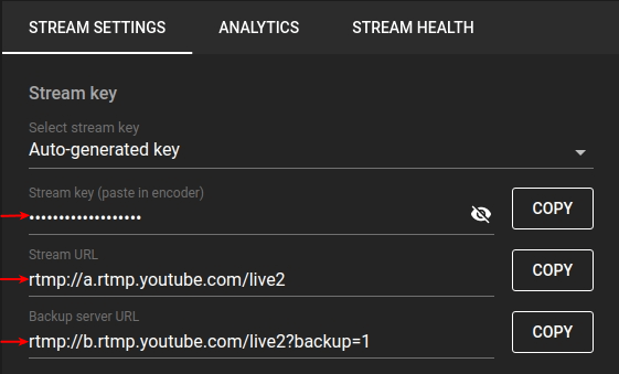 Youtube stream settings